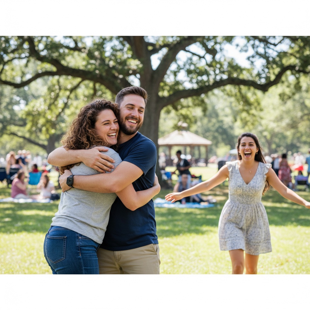 Cousins hugging at a family reunion in a park