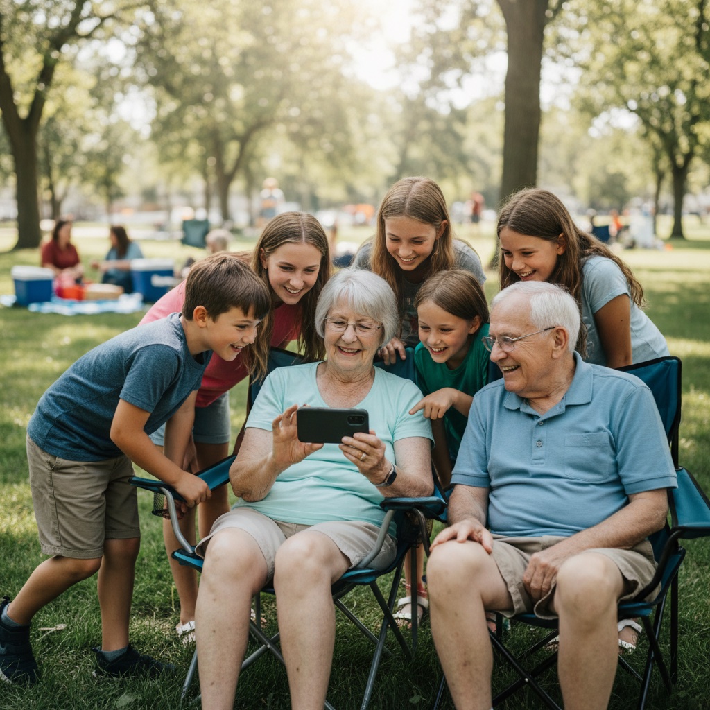 Grandparents in lawn chairs surrounded by grandkids showing photos