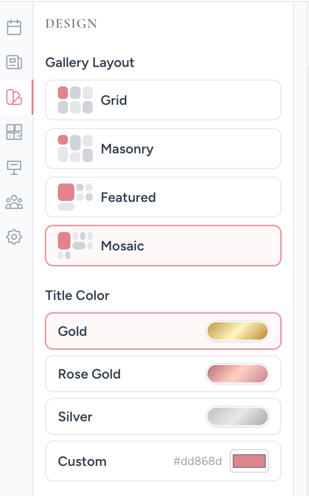 Gallery layout choices and Gold title colour selected