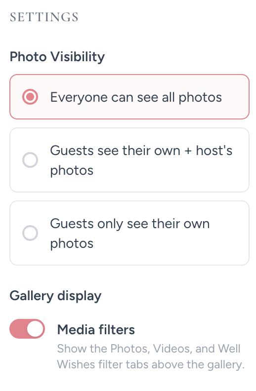 Host photo visibility choices and gallery filter controls