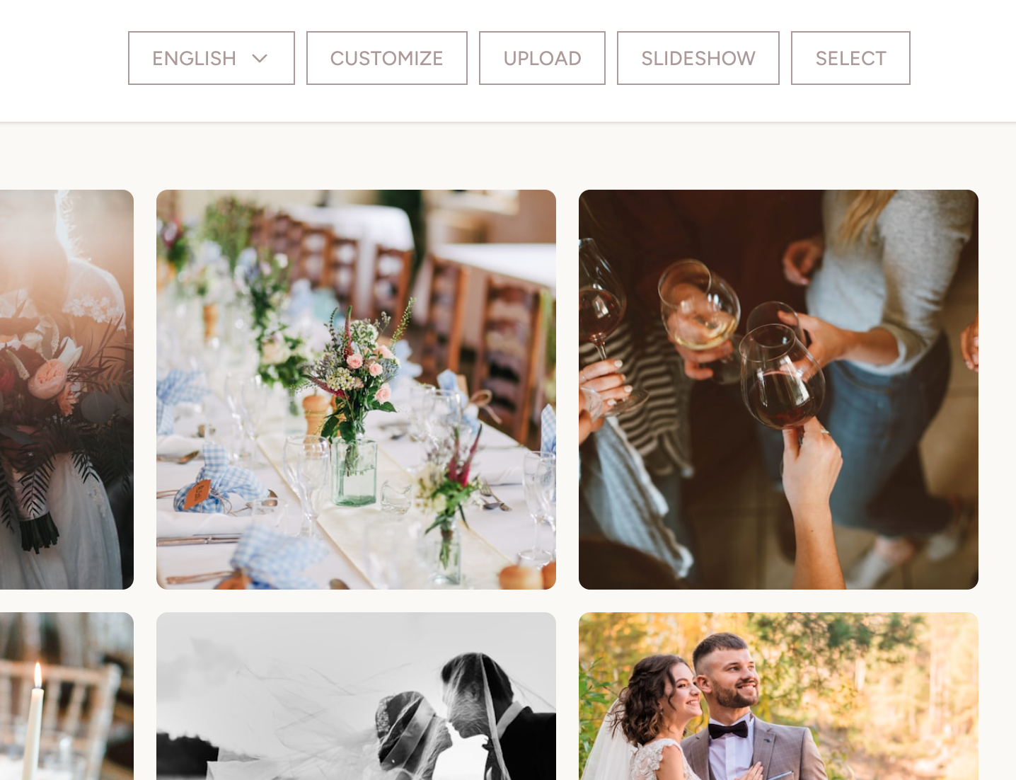 Browser gallery with the Upload action and a three-column event photo grid