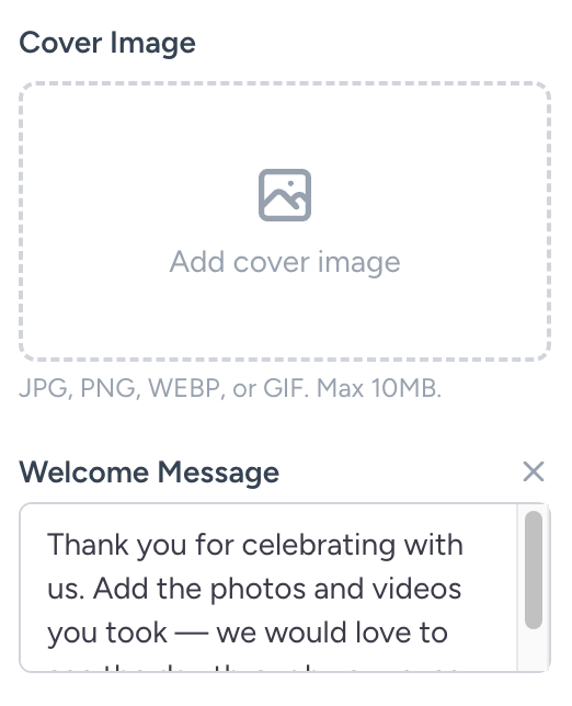 Welcome-page editor for the cover image and welcome message