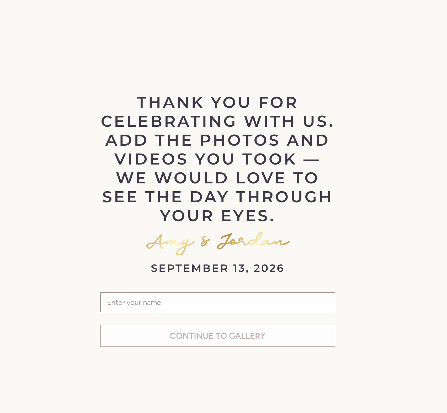 Guest-facing welcome page with a custom message, names, date, and name entry
