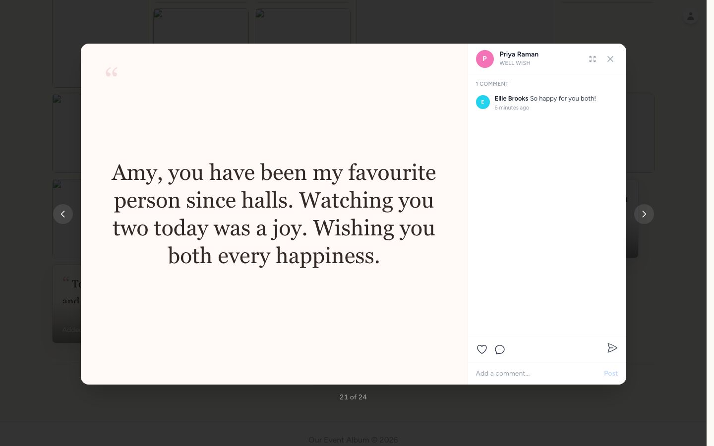 Open gallery detail view with a real written well wish and comment controls