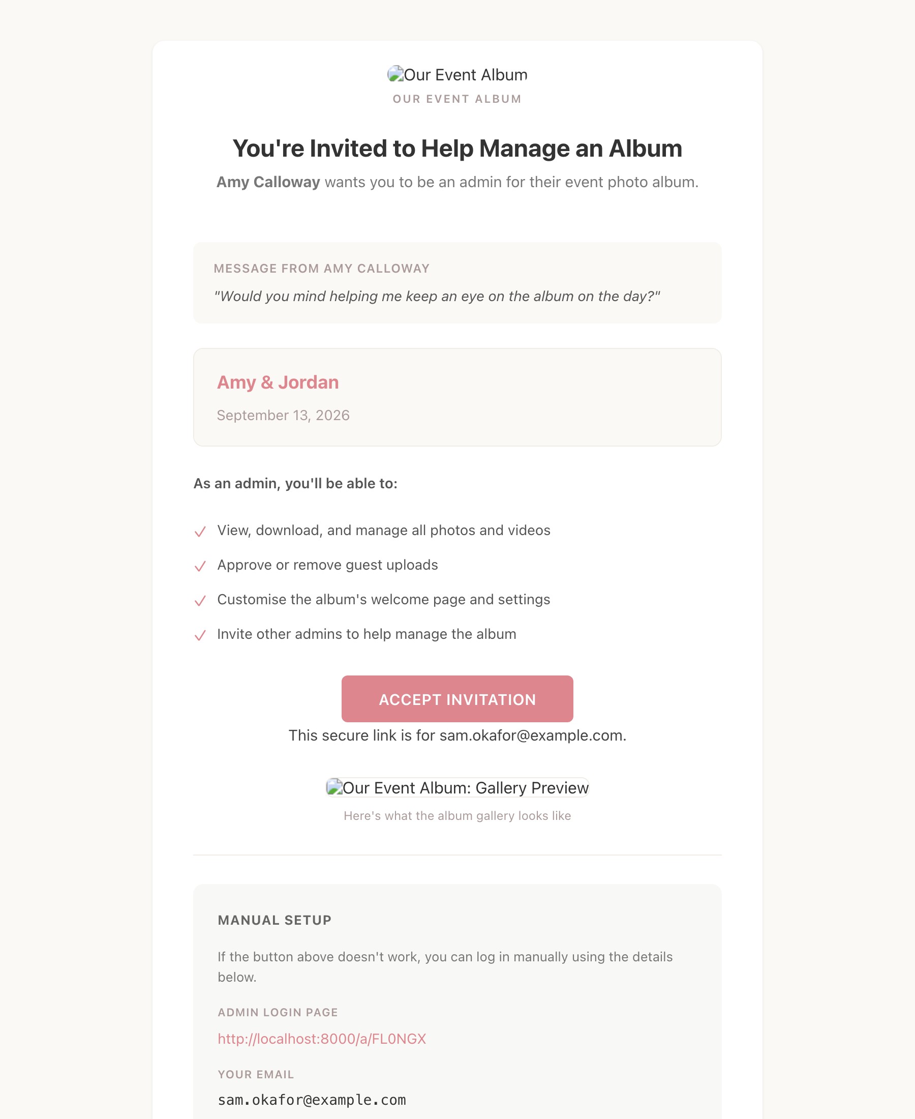 The invitation email a co-host receives, showing who invited them and the button to accept
