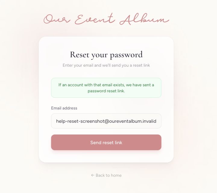 The password reset page showing the generic confirmation message after a reset link has been requested