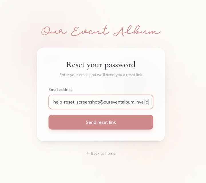 The Our Event Album password reset page with an email address entered and the Send reset link button visible