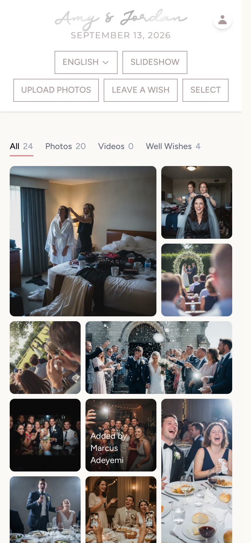 The gallery filter tabs showing All, Photos, Videos, and Well Wishes counts