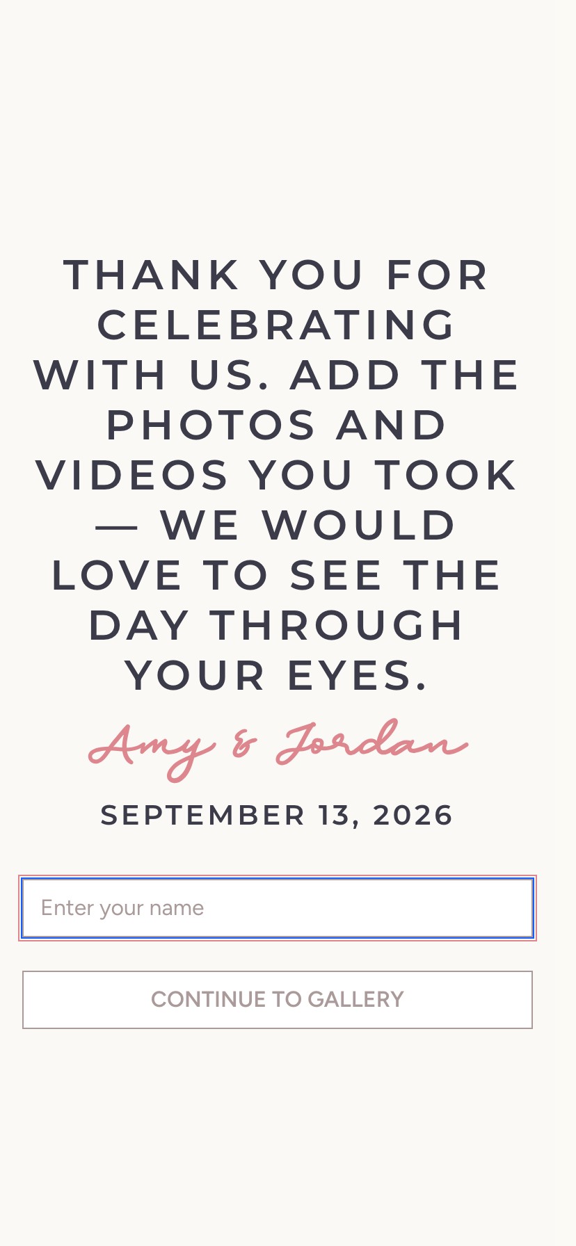 The Our Event Album welcome screen asking a guest for their name before entering the gallery
