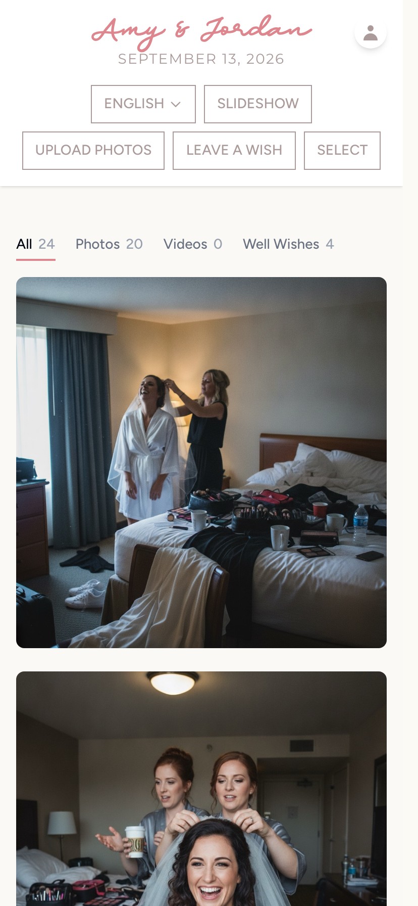 A guest tapping Upload Photos in the gallery on their phone to choose photos from their camera roll