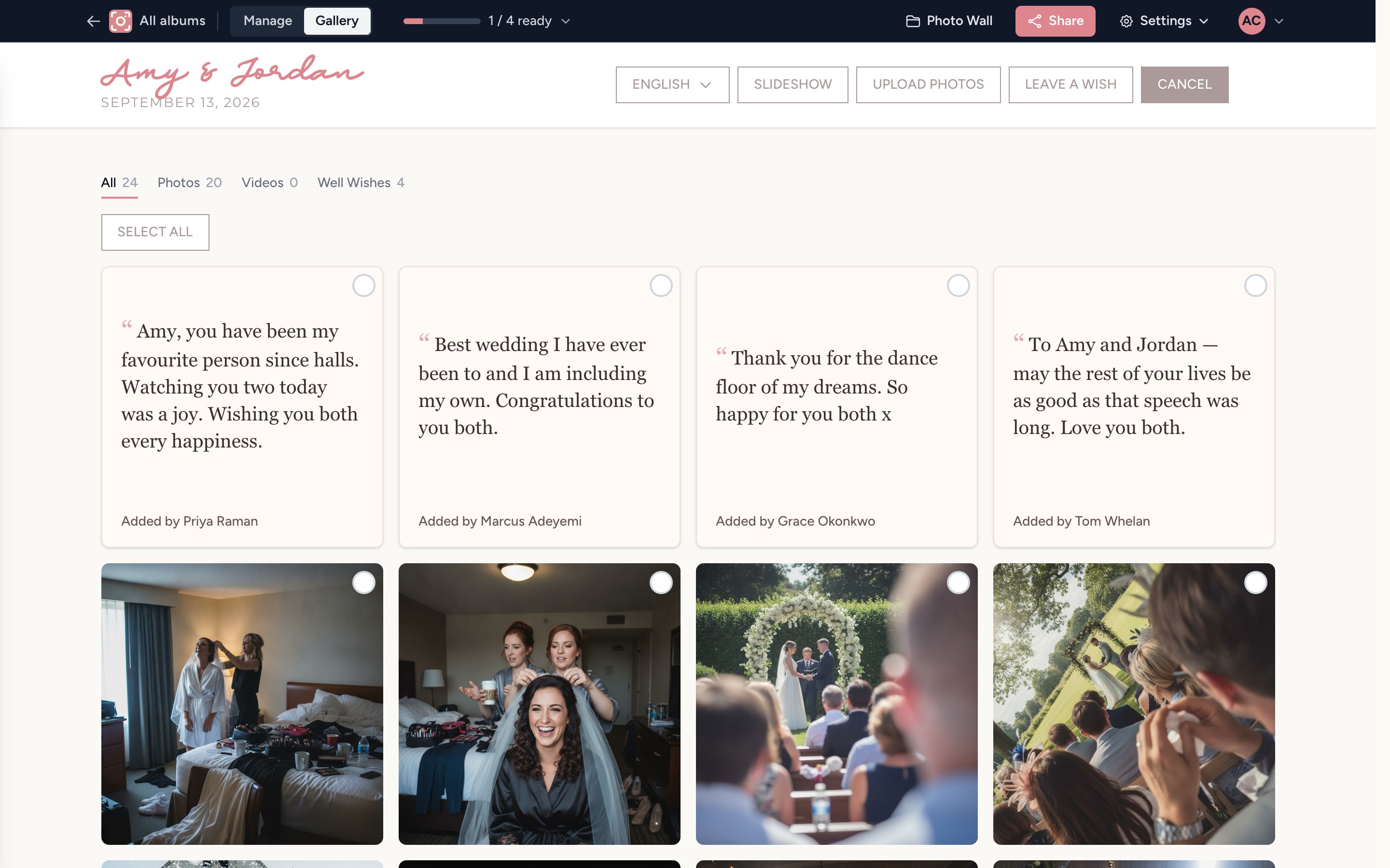 A host selecting photos in the event gallery with the download control available