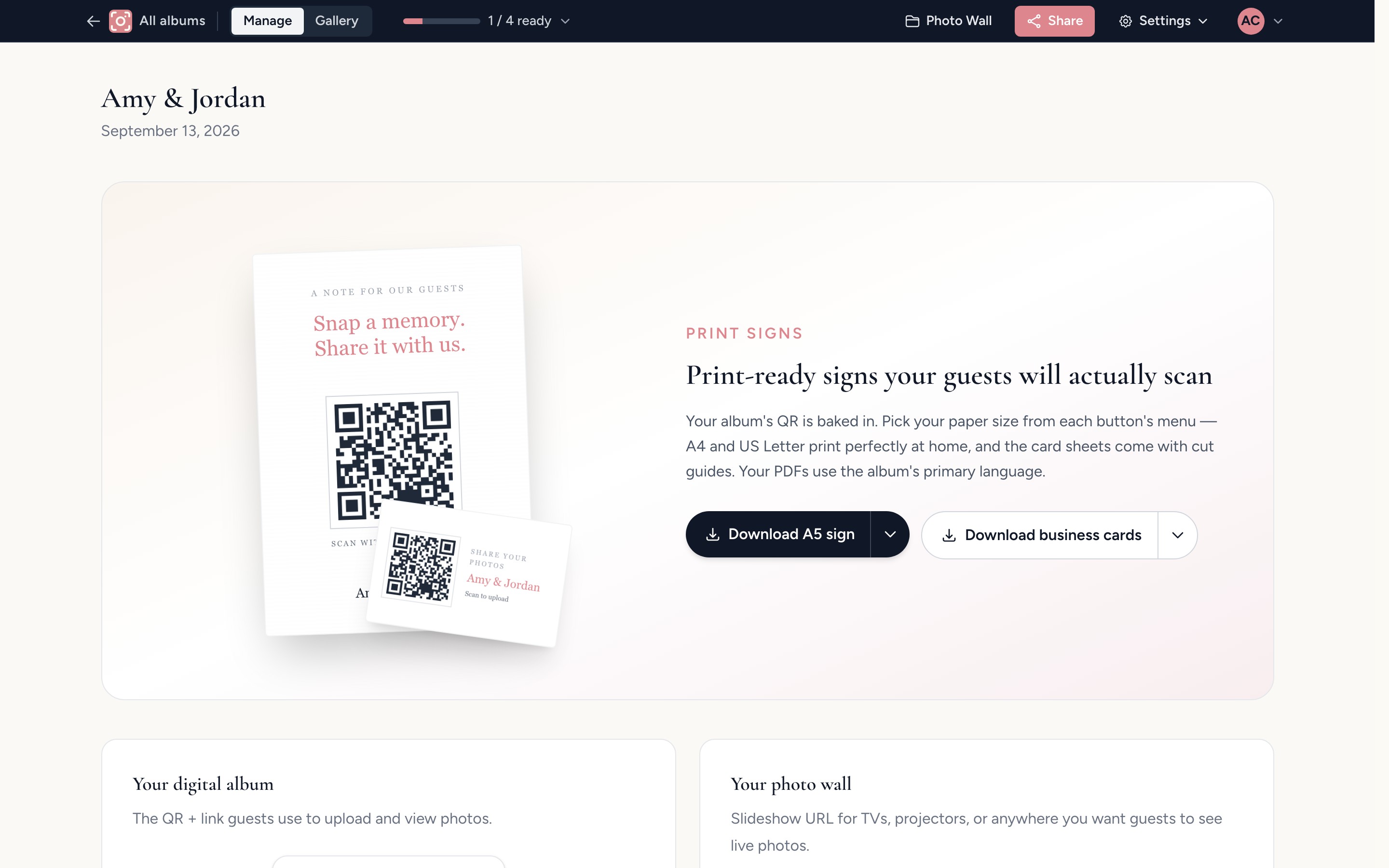 The Manage page showing the printable A5 sign and business card downloads with the album QR code