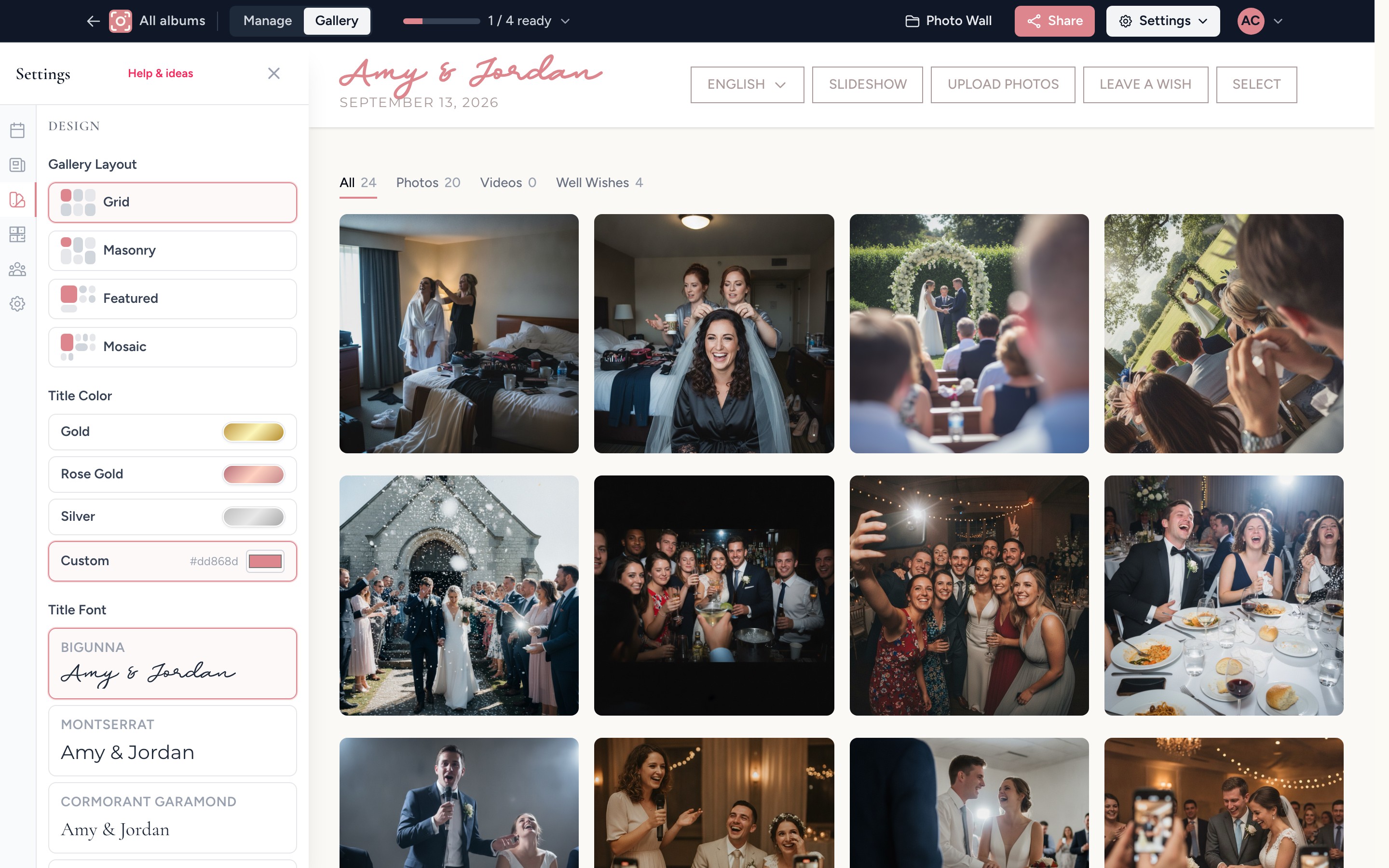 The design settings panel showing gallery layout, title colour, title font, and accent colour options
