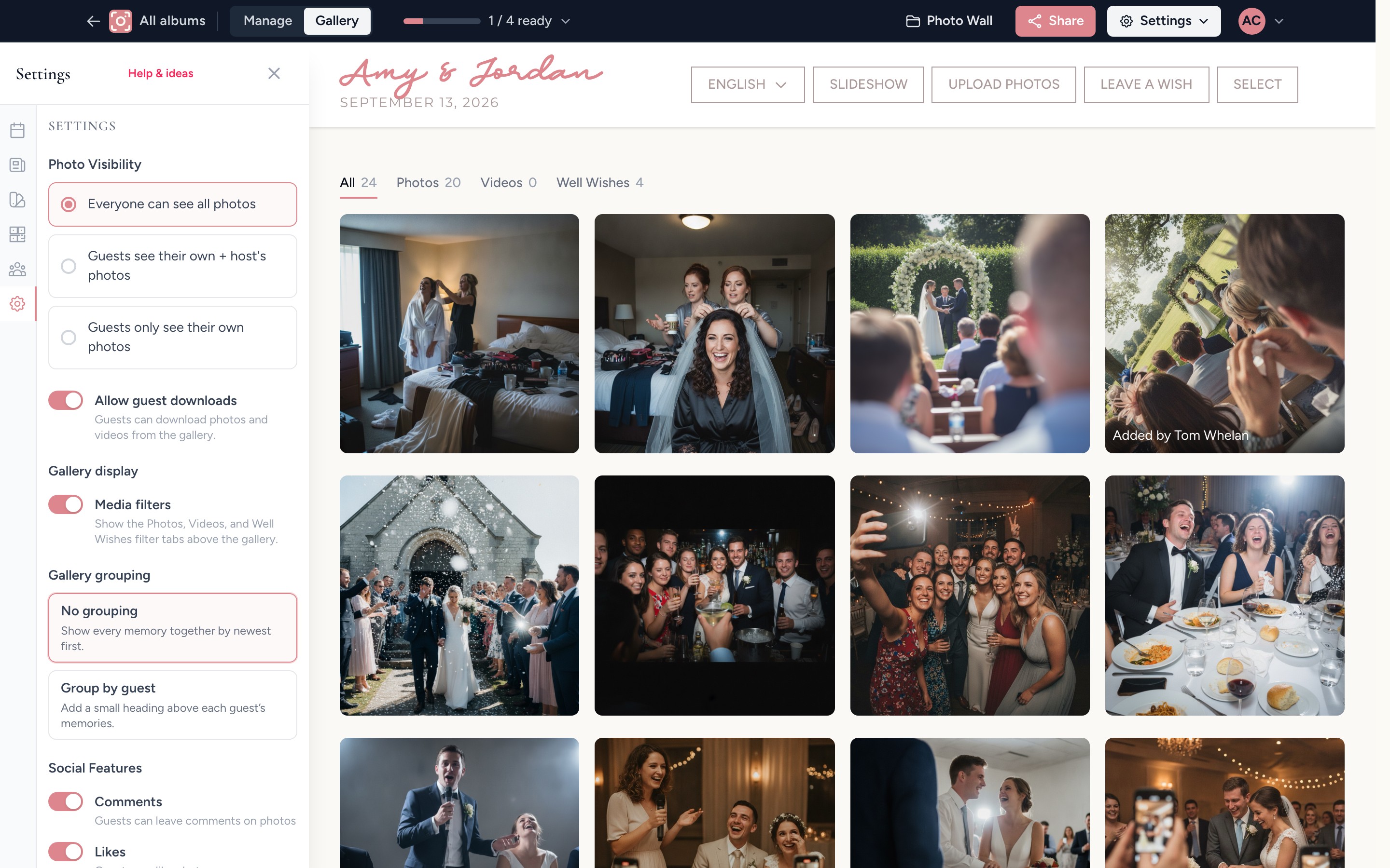 The album settings panel showing the three photo visibility choices for guests