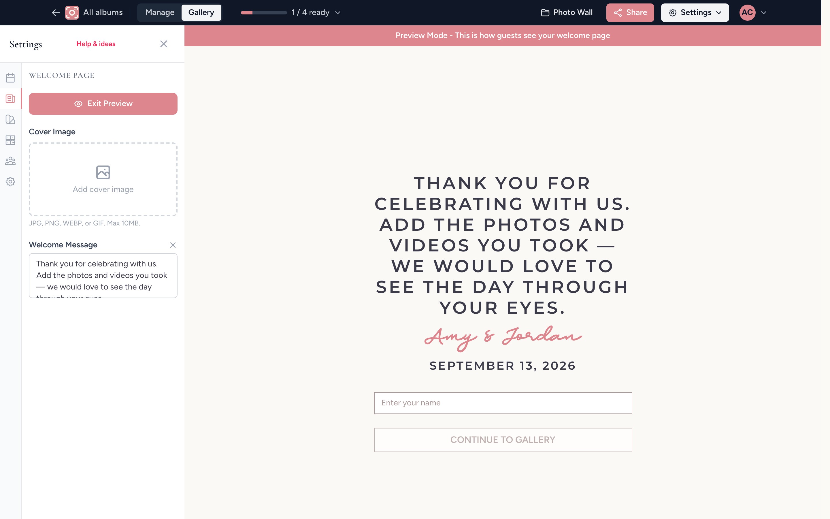 The welcome page settings panel showing the cover image and welcome message fields beside a live guest preview