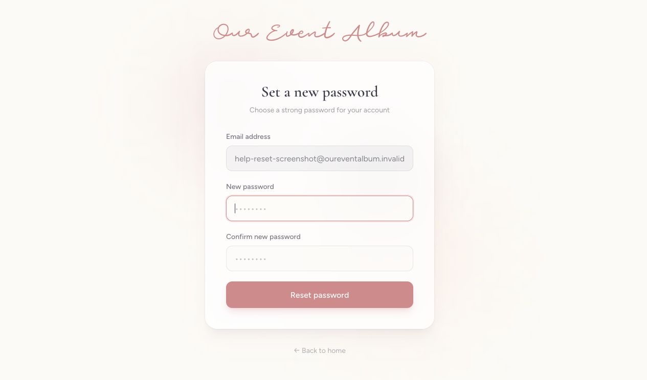 The Our Event Album new password form with the account email, New password, and Confirm new password fields