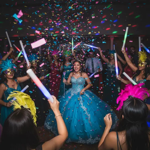 A quinceañera dancing with glow sticks during the hora loca