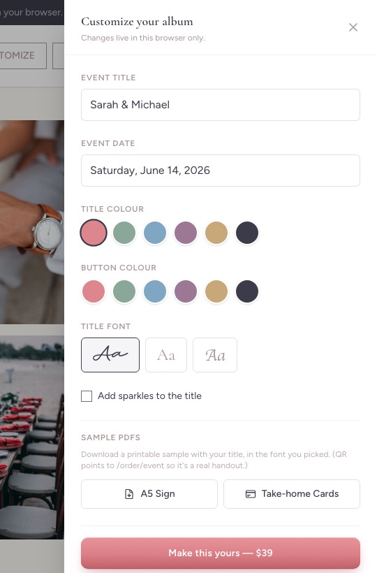 Printable QR code signs for collecting party guest photos