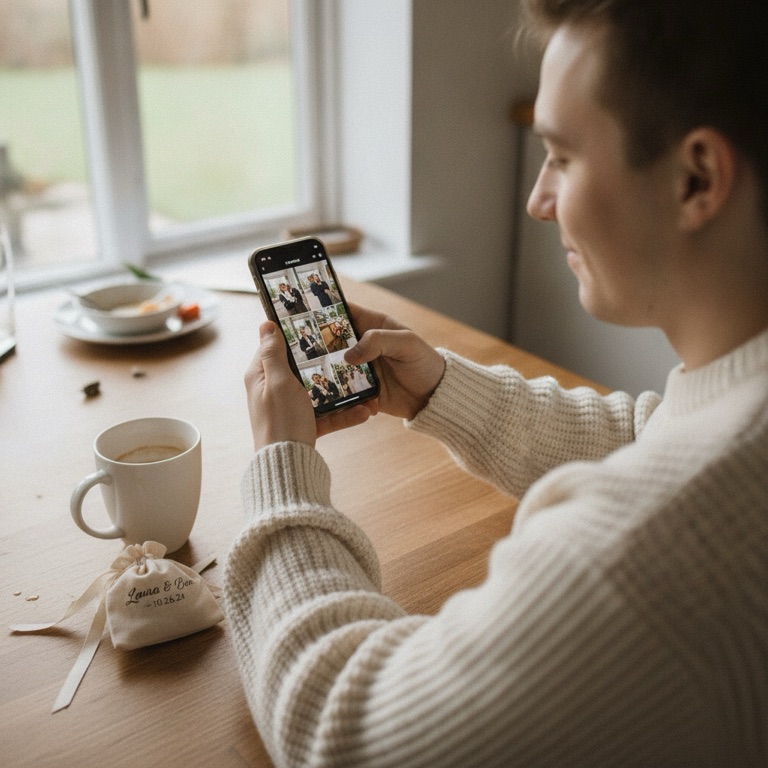 Wedding guest browsing the shared photo gallery on a phone the morning after