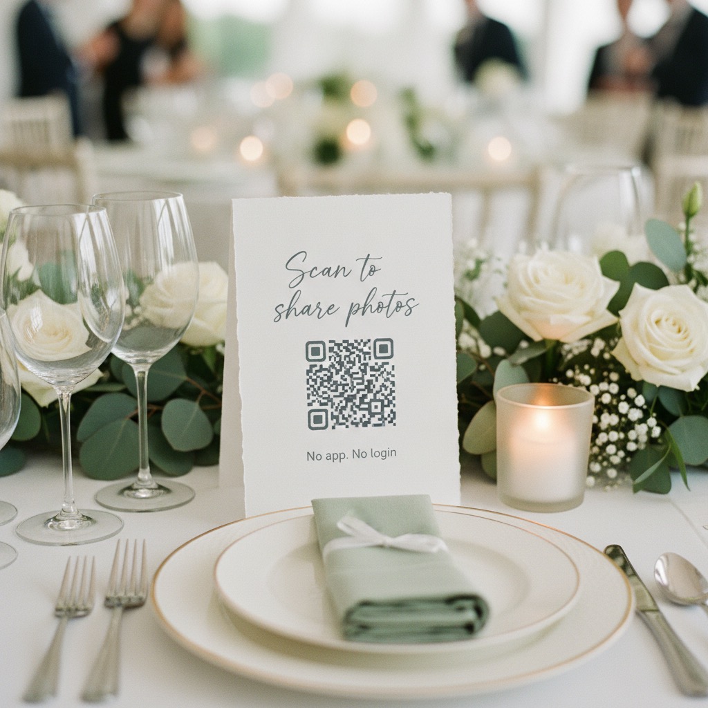 Digital wedding guest book QR card on a reception table