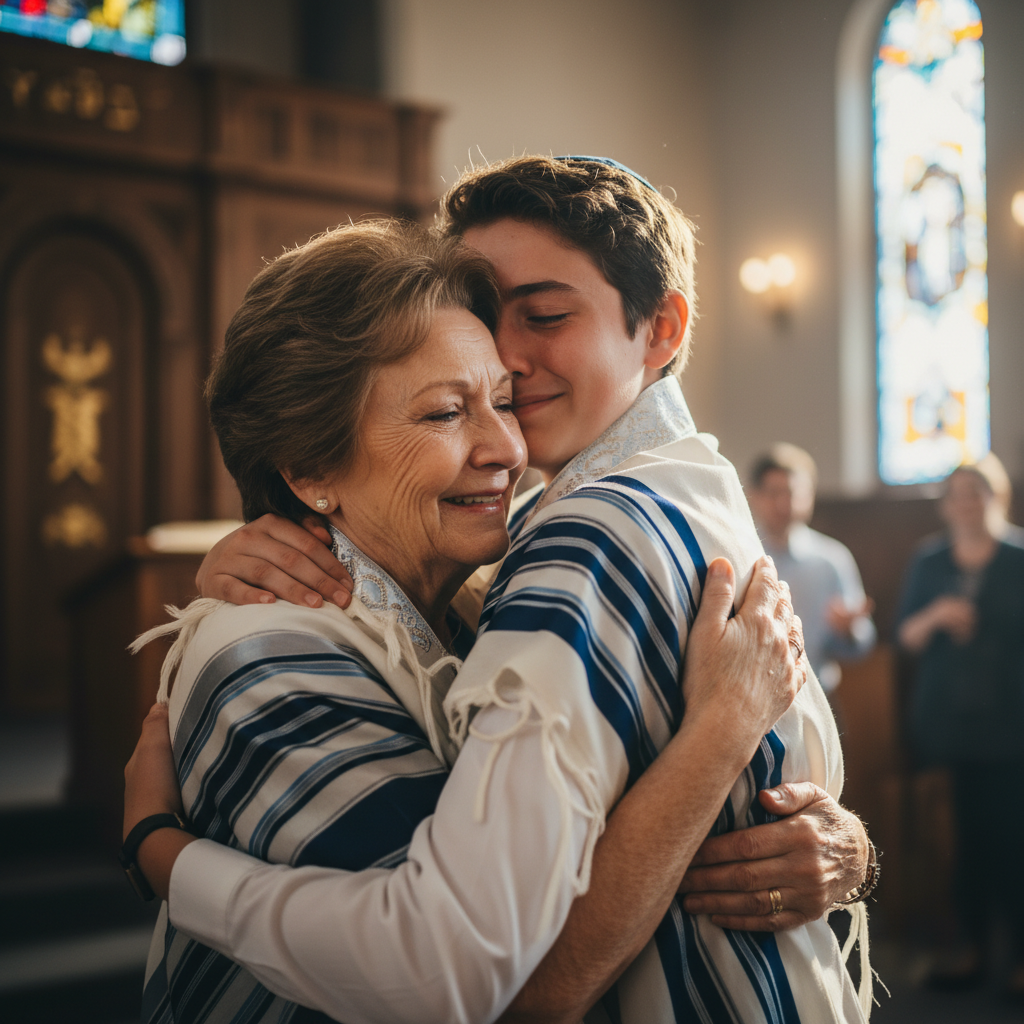 Bubbe hugging her grandchild after the ceremony
