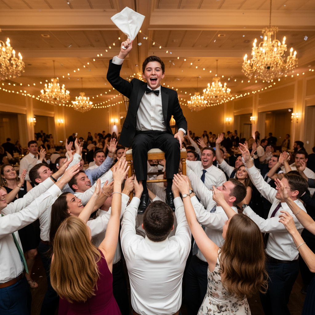 Bar mitzvah boy lifted on a chair during the hora