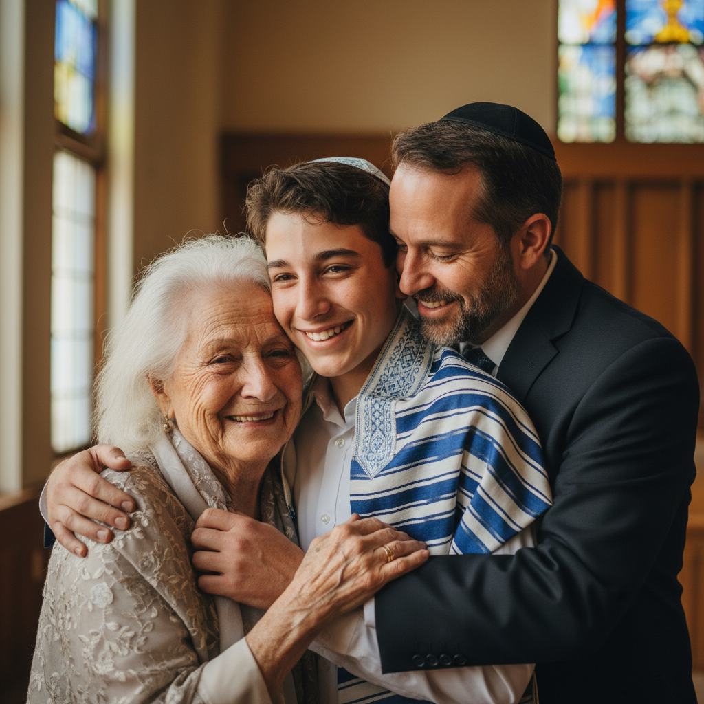 Three generations embracing — grandparent, parent, bar mitzvah child