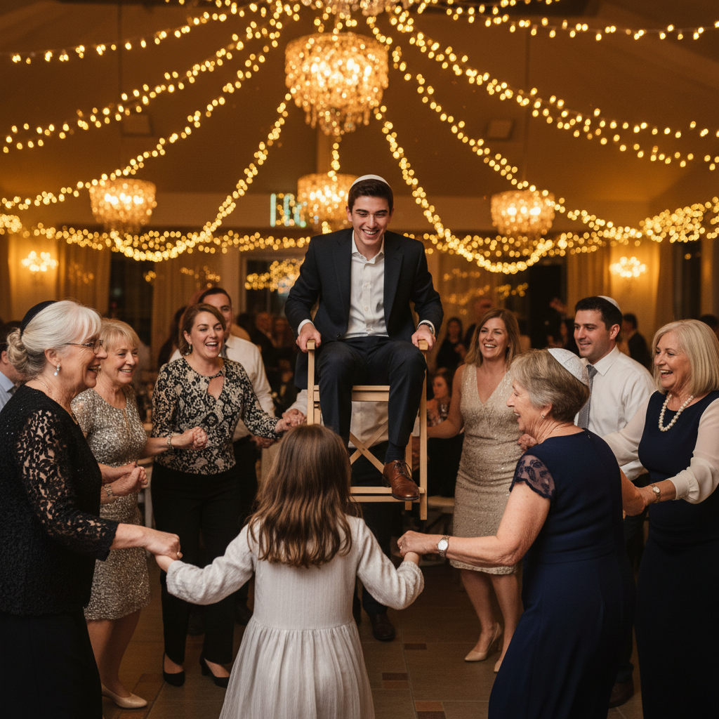 Guests dancing the hora at a bar mitzvah reception