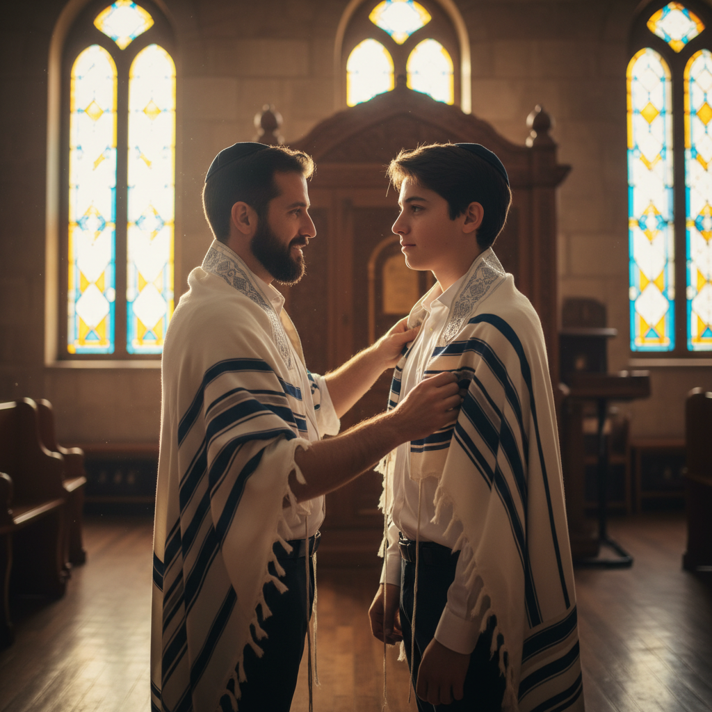 Bar mitzvah boy being helped into his tallit before the service