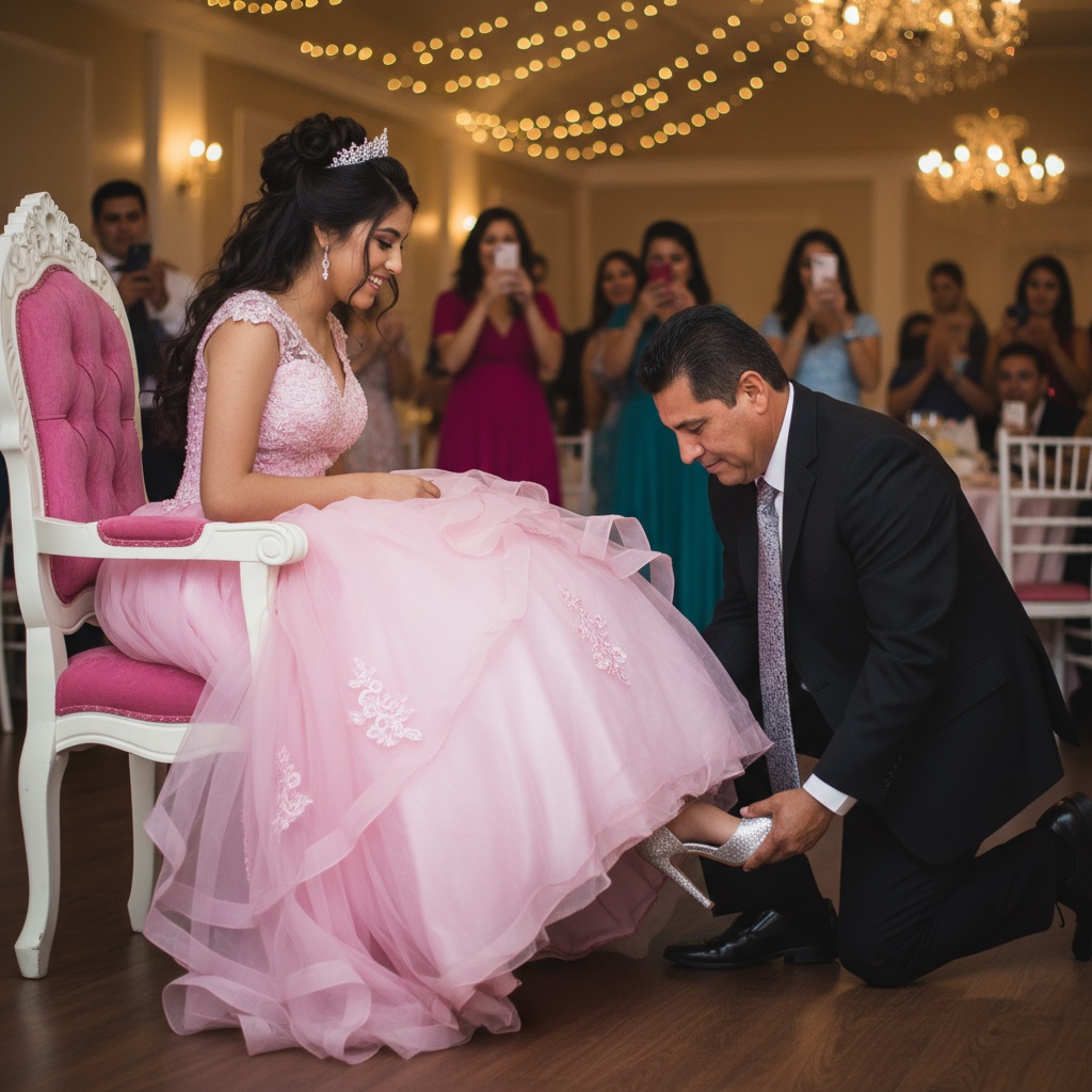 Cambio de zapatilla — father placing the silver heel on his daughter