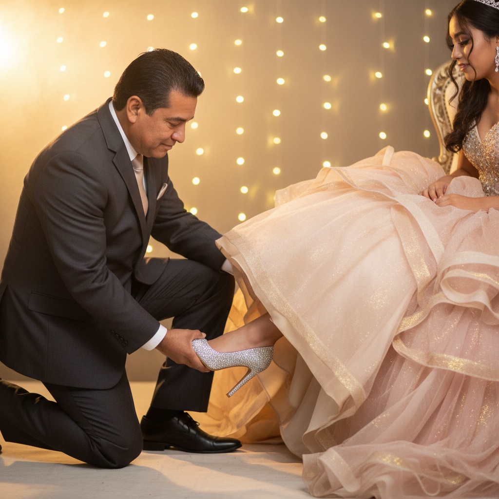 Father slipping a sparkling high heel onto his quinceañera daughter — cambio de zapatilla