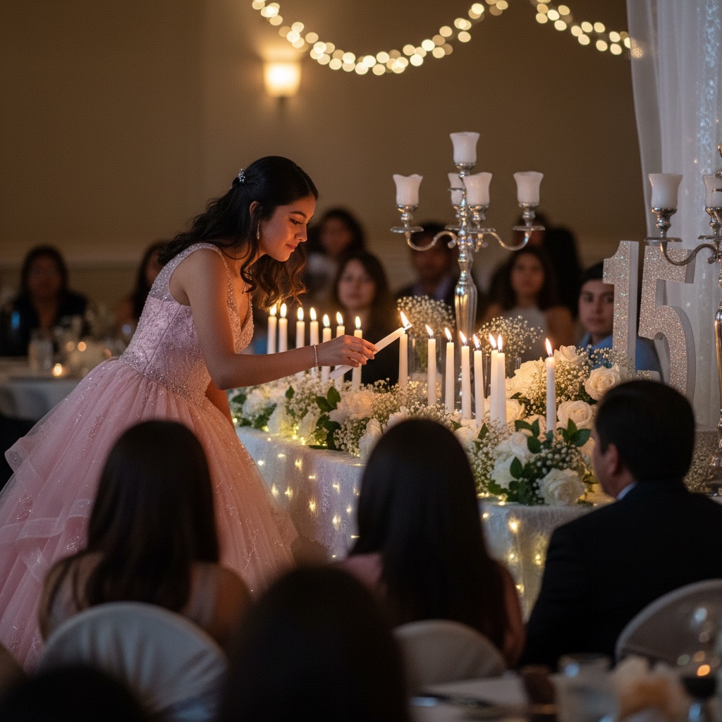 Quinceañera lighting one of fifteen candles at the ceremony