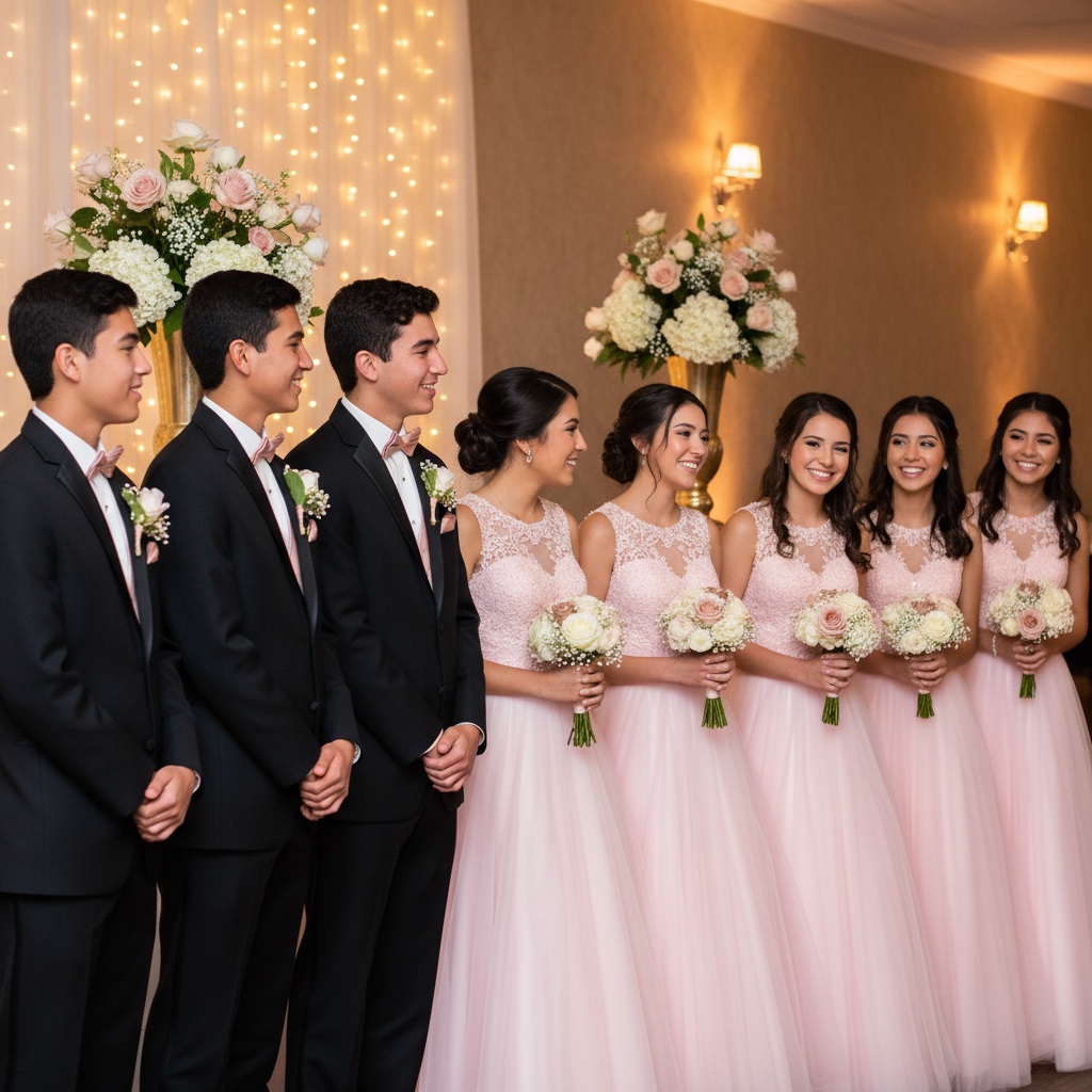 Chambelanes and damas in formal attire — the quinceañera court of honor
