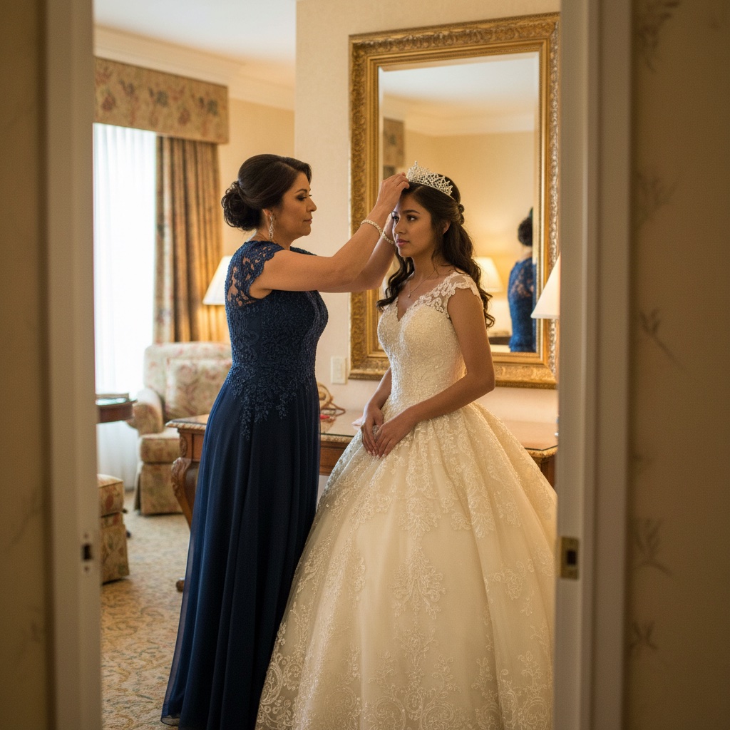 Mother adjusting daughter's tiara before her quinceañera, candid family moment