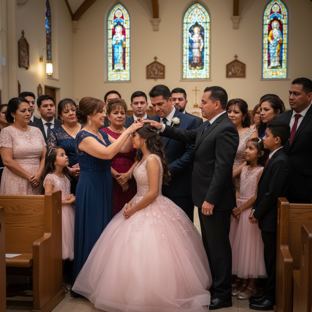 Padrinos surrounding the quinceañera at the church blessing