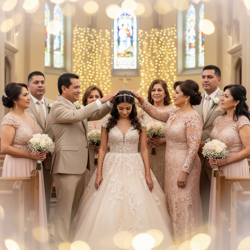 Family blessing the quinceañera