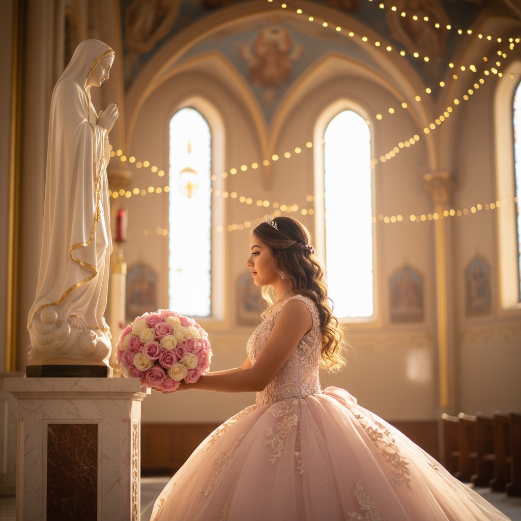 Quinceañera placing roses at the feet of the Virgin Mary in a church