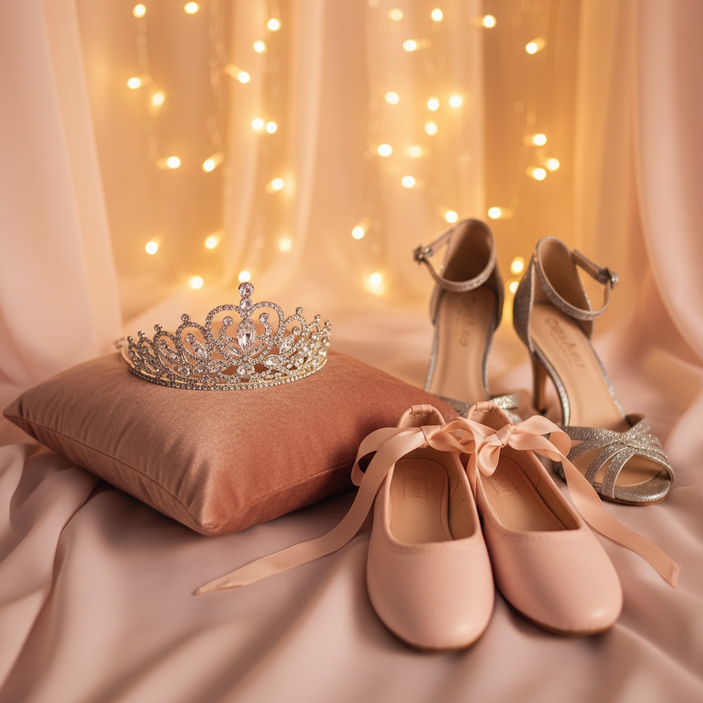 A sparkling tiara on a velvet cushion beside ballet flats and silver heels