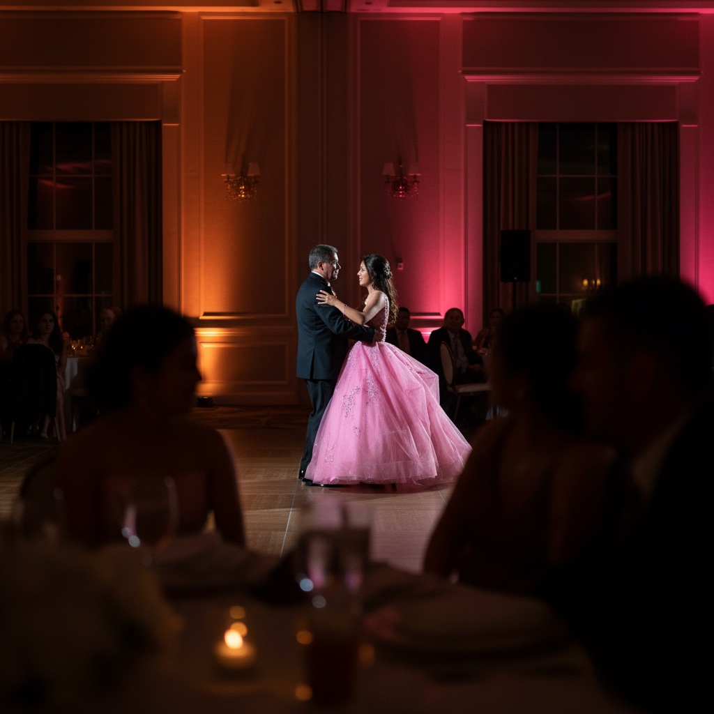 Quinceañera dancing the vals with her father at the reception