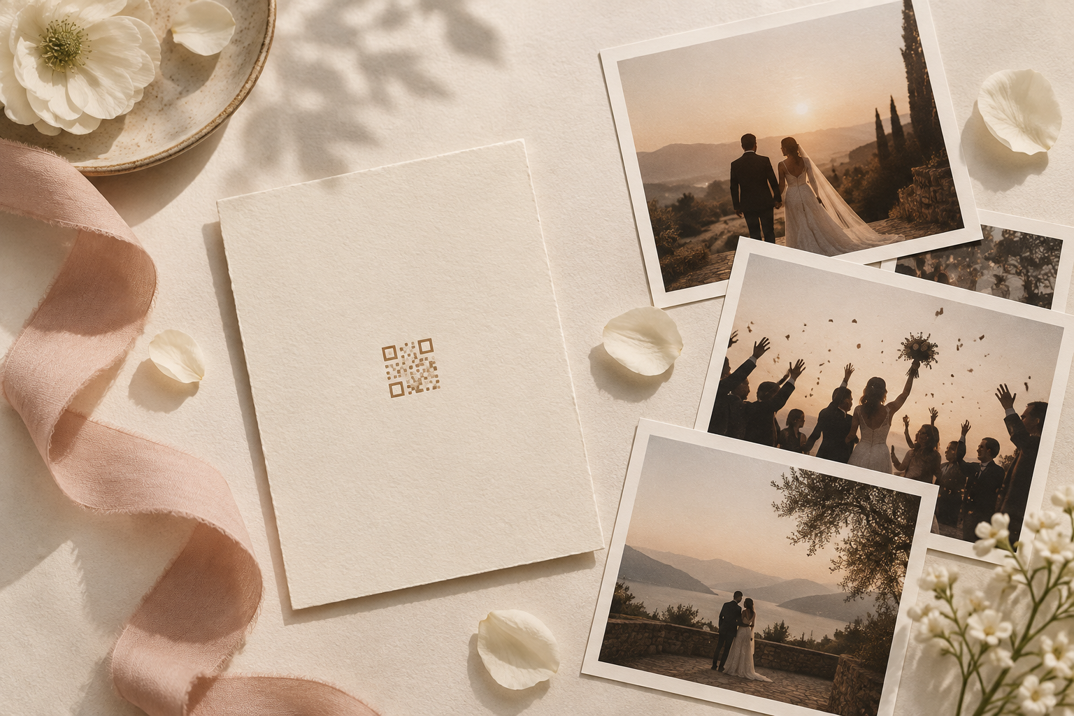 Wedding memories, photo prints, flowers, and a QR code arranged on a table