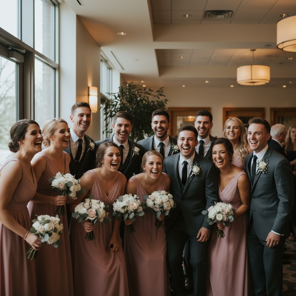 Bridal party laughing together — taken on a guest phone