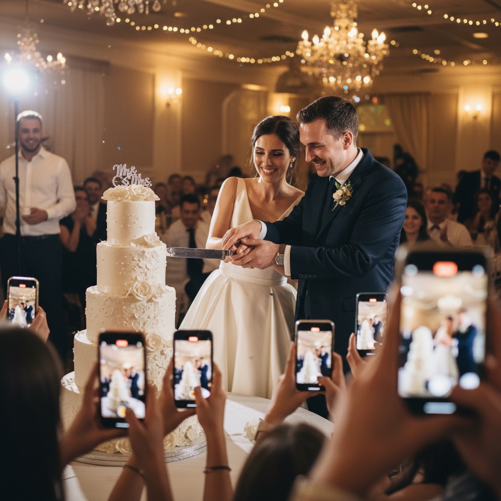 Couple cutting the wedding cake — phone photo from the crowd