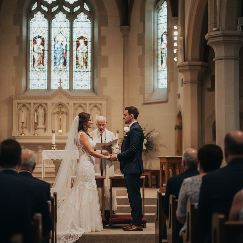 Wedding ceremony moment captured by a guest from the pews