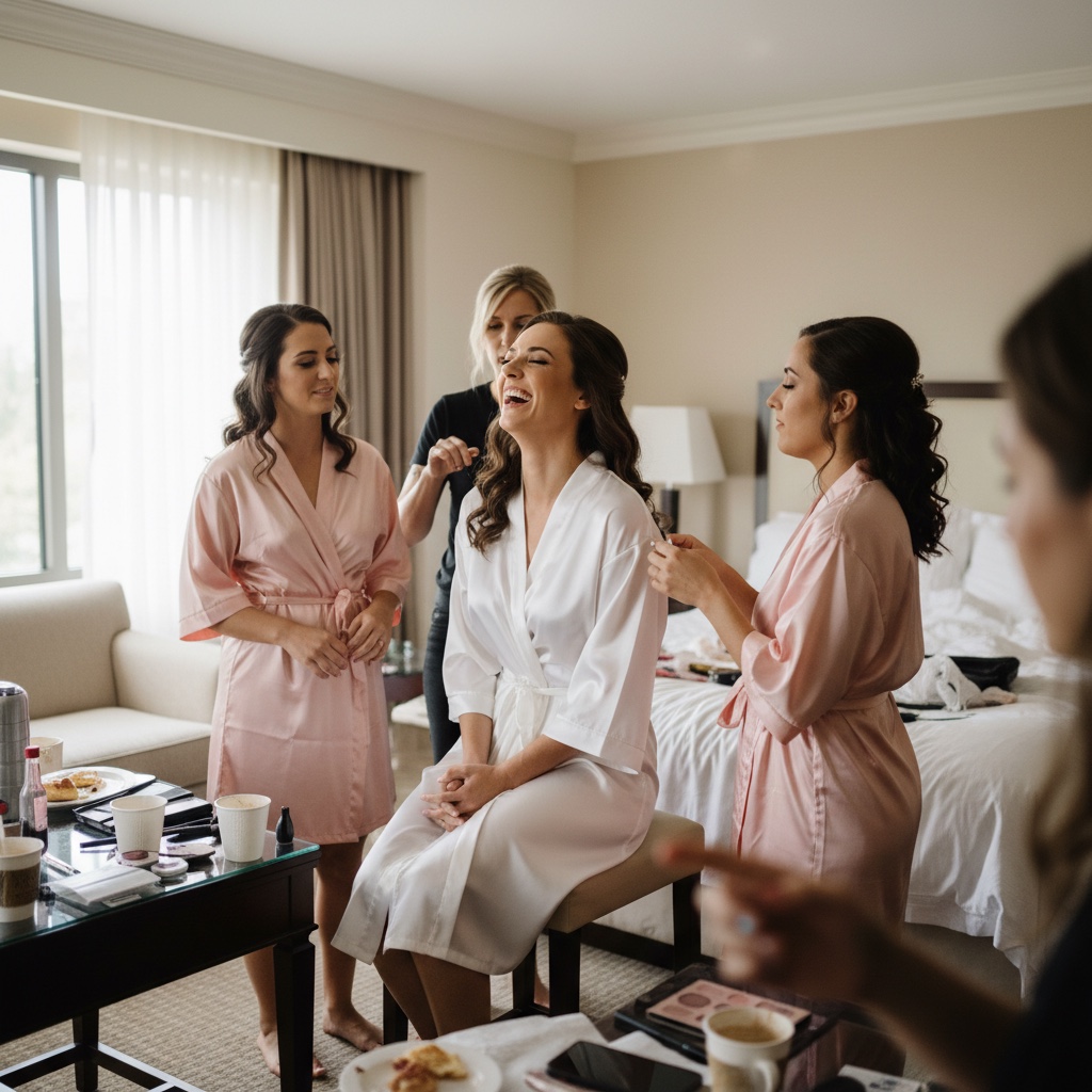 Bride getting ready with bridesmaids — candid phone snapshot from a wedding suite