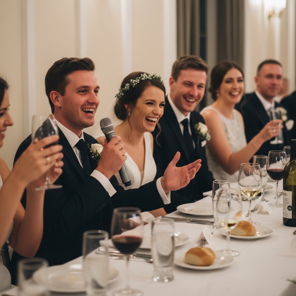 Father of the bride giving a wedding speech, candid guest photo